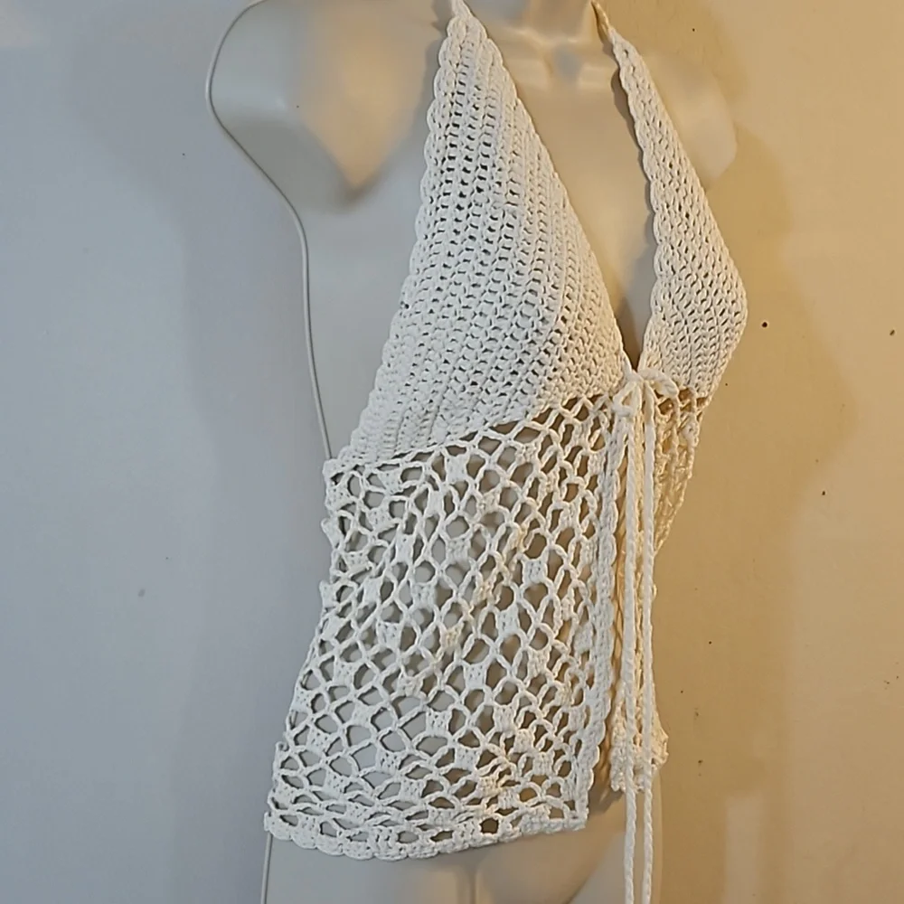 Hand Crafted Crochet Crop-Top Handmade Fishnet Swim Design Cream Summer Layer OS - Picture 9 of 17